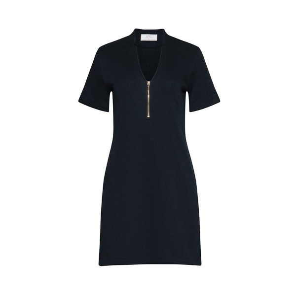 long navy blue dress with silver zipper