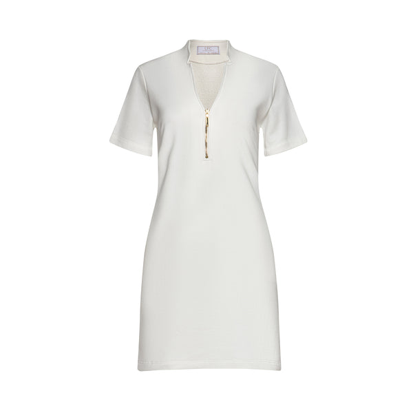 long white dress with silver zipper