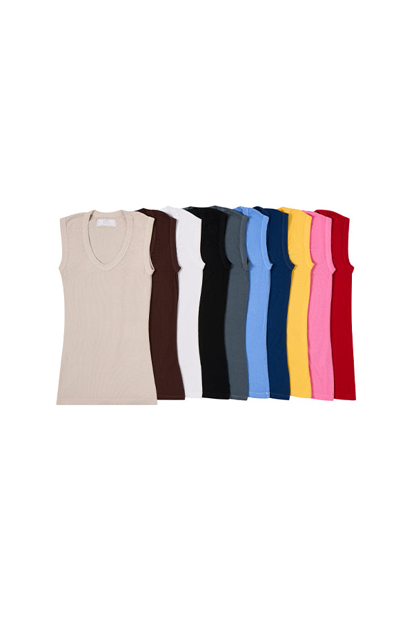 collection of tan, brown, white, black, grey, sky blue, navy blue, yellow, pink, and red colored tank tops