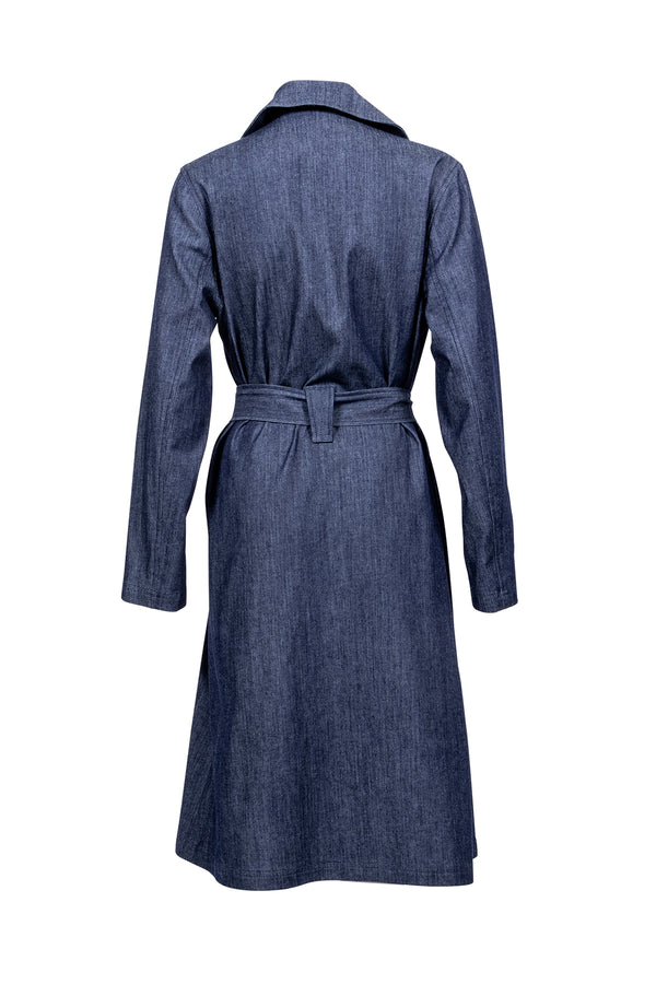 navy blue denim trenchcoat