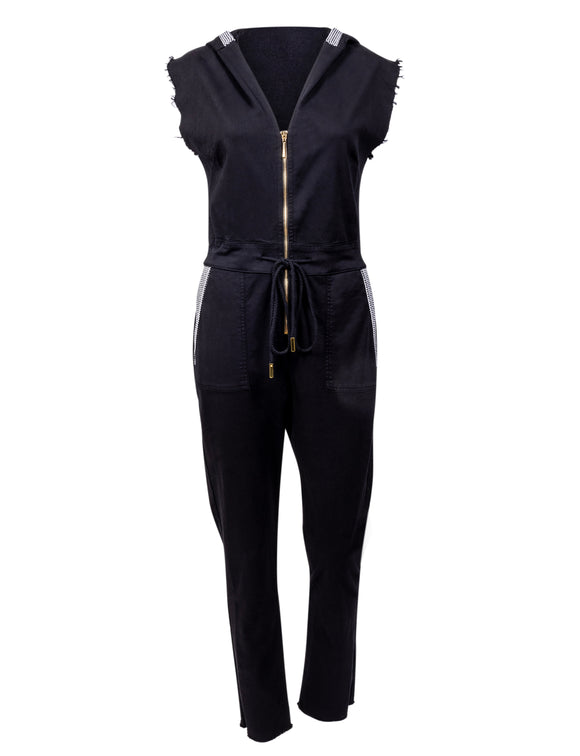 black hooded jumpsuit with gold zipper, and black pants