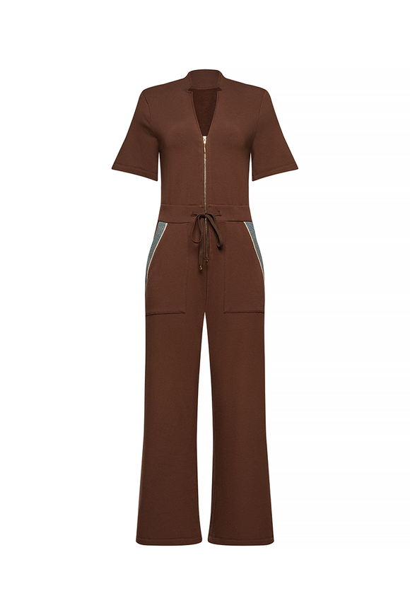 long brown dress, with brown belt with gold zipper