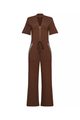 long brown dress, with brown belt with gold zipper