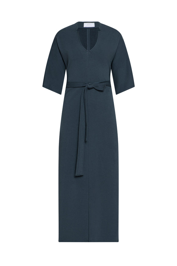 Dark grey dress with a belt on a white background