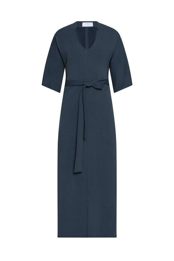 Dark grey dress with a belt on a white background