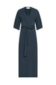 Dark grey dress with a belt on a white background