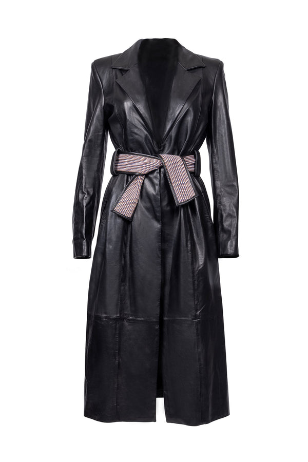 leather black trench coat with a hip tie