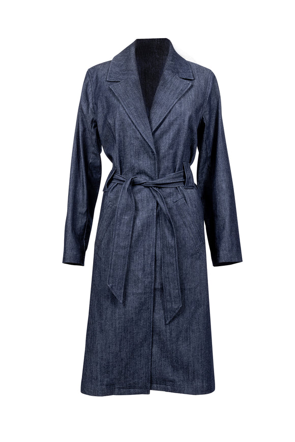 navy blue denim trenchcoat