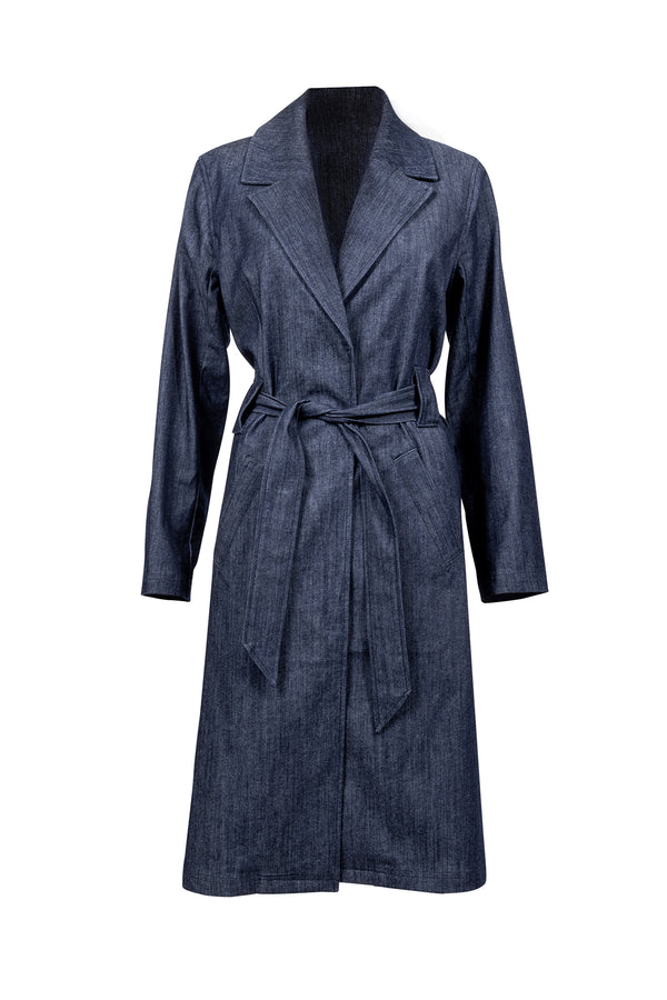navy blue denim trenchcoat