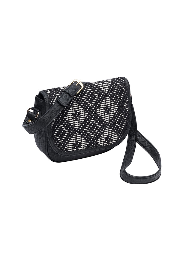 black handbag with black and white handbag