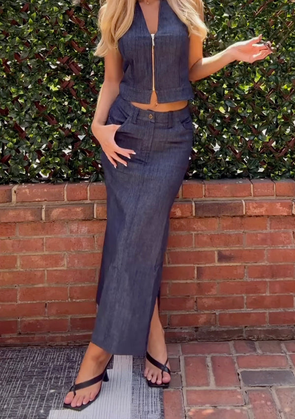 woman wearing denim vest and denim skirt