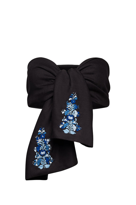 close up of floral pattern on black bow, with white, blue, and light blue colors