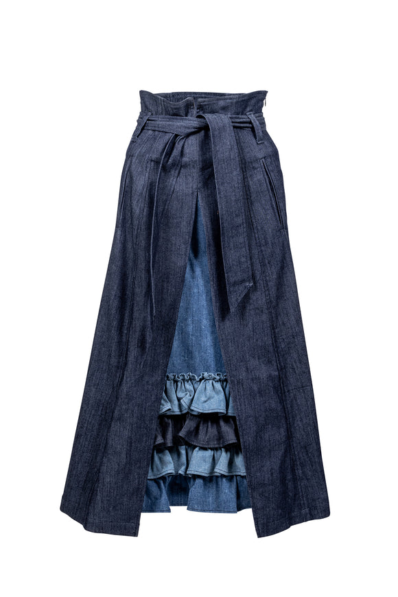 navy blue denim skirt with blue patterned inside