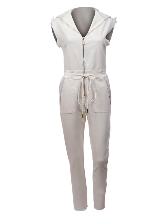white hooded jumpsuit, with gold zipper, along with white pants