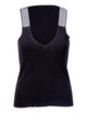 Black V-neck tank top with white shoulder accents 