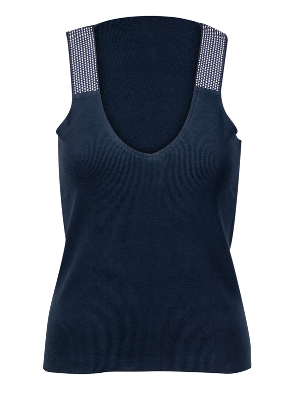 navy blue V-neck tank top with white shoulder accents 