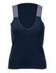 navy blue V-neck tank top with white shoulder accents 