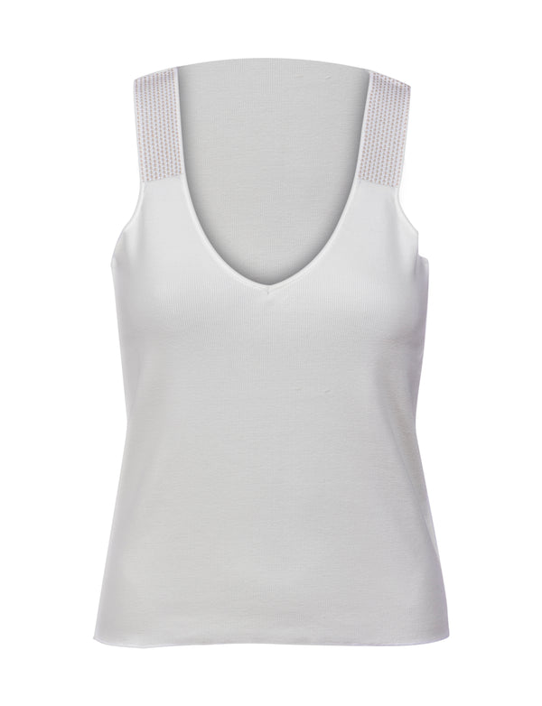white V-neck tank top with a hint of gold on the shoulders 