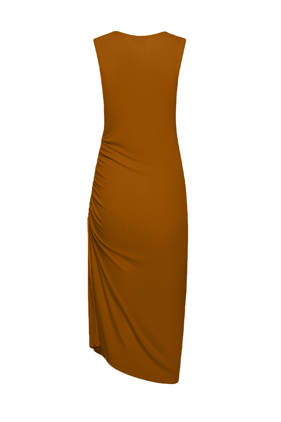 The back of a warm, orangey-brown toned dress