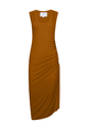 The front of a warm, orangey-brown toned  dress