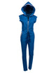 blue jumpsuit with gold zipper with hood up