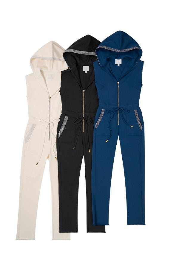 The Carly Hooded Denim Jumpsuit in Black – La Peony Clothing