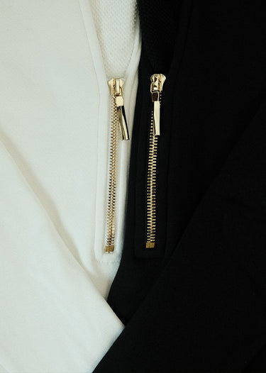 Fabric and zipper details of a white shirt and black shirt